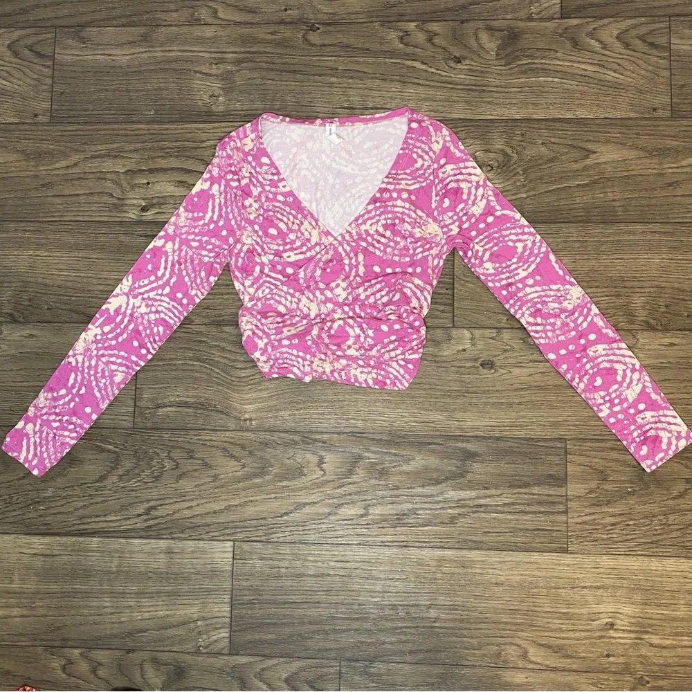 Anthro Daily Practice Pink Printed Crop Wrap Top